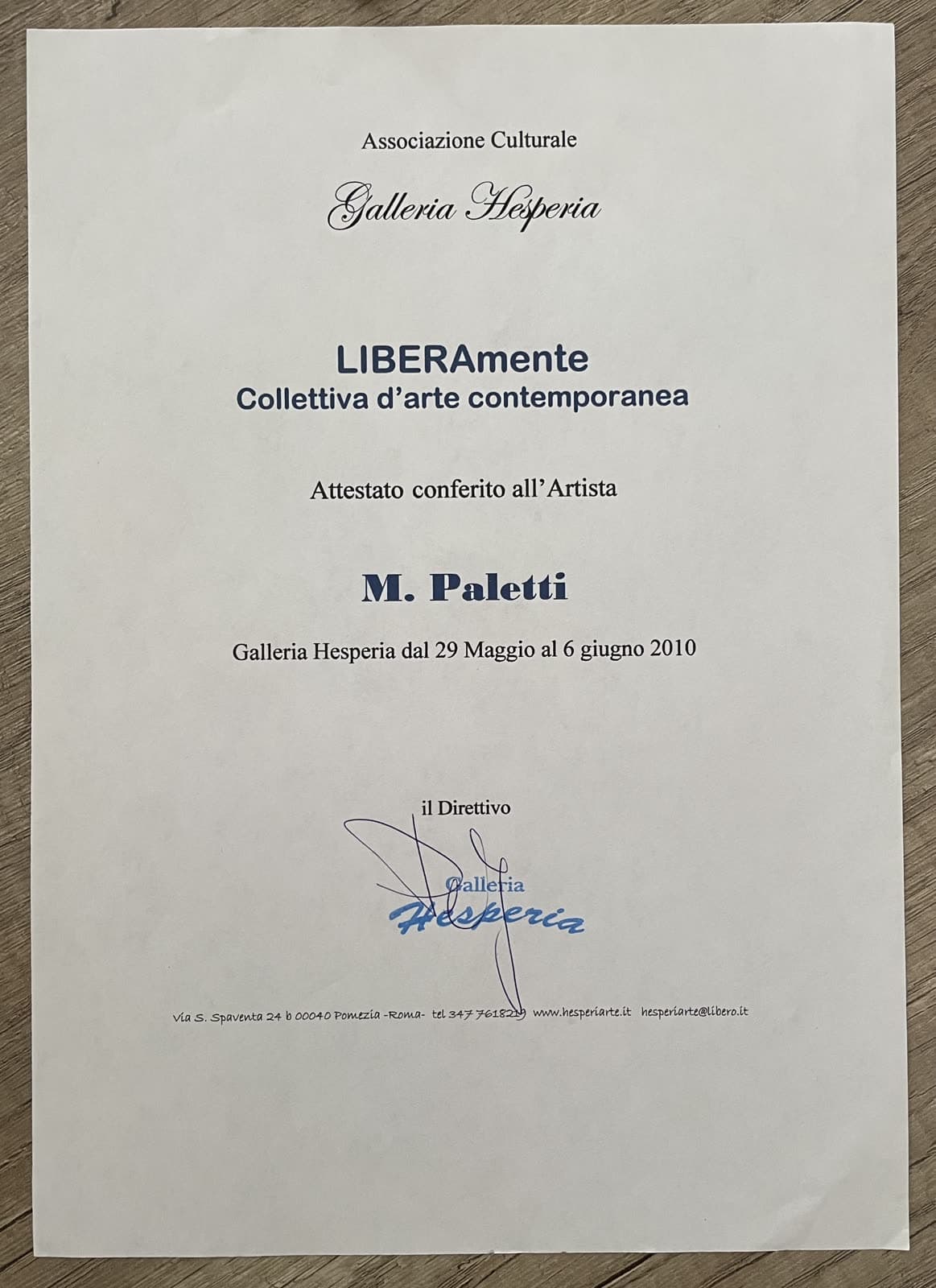 Attestato di partecipazione, collettiva d'arte contemporanea