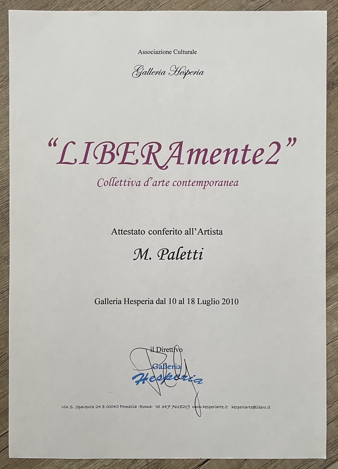 Attestato di partecipazione, collettiva d'arte contemporanea